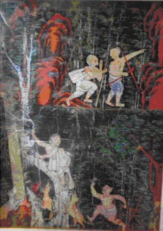 Vessantara Jakata, Chapter 6: Jujaka Meets the Hunter and is Beset by Dogs on the Way to the Hermitage