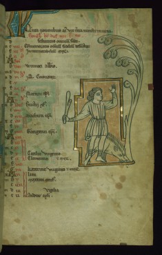 Leaf from Touke Psalter: November Calendar, Man Knocking Acorns Out of a Tree to Feed Pigs