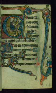 Leaf from Book of Hours: Compline, Initial "C" with Flight into Egypt and Marginal Drollery of a Woman Holding a Spoon and Bread-trough