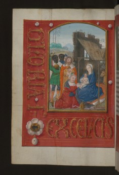 Leaf from Aussem Hours: Prayer to the Three Magi, Adoration of the Magi with Illusionistic Text and Jewels in Margins