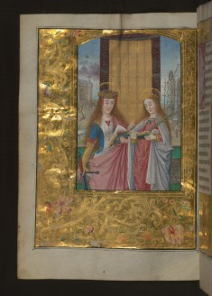 Leaf from Aussem Hours: Prayer to Saint Catherine, Saints Catherine and Barbara with Gold and Floral Marginal Decoration