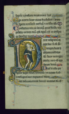 Leaf from Psalter: Psalm 52, Initial D with Fool Holding a Club and Biting a Loaf