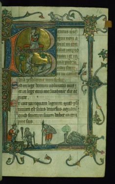 Leaf from Psalter: Psalm 1, Initial B with David Harping Above and Decapitating Goliath Below