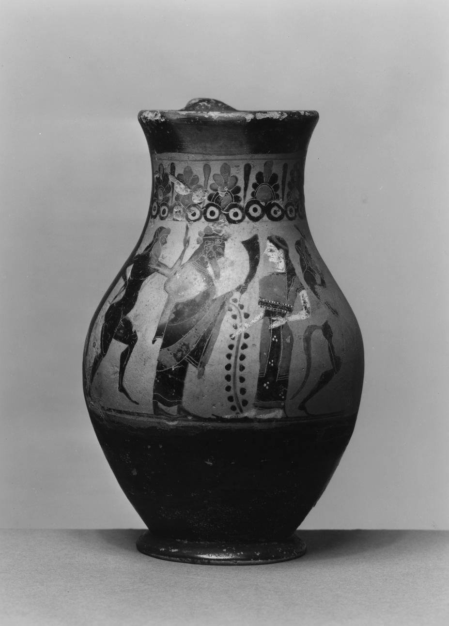 Oinochoe with Dionysus, Bacchante and Satyrs