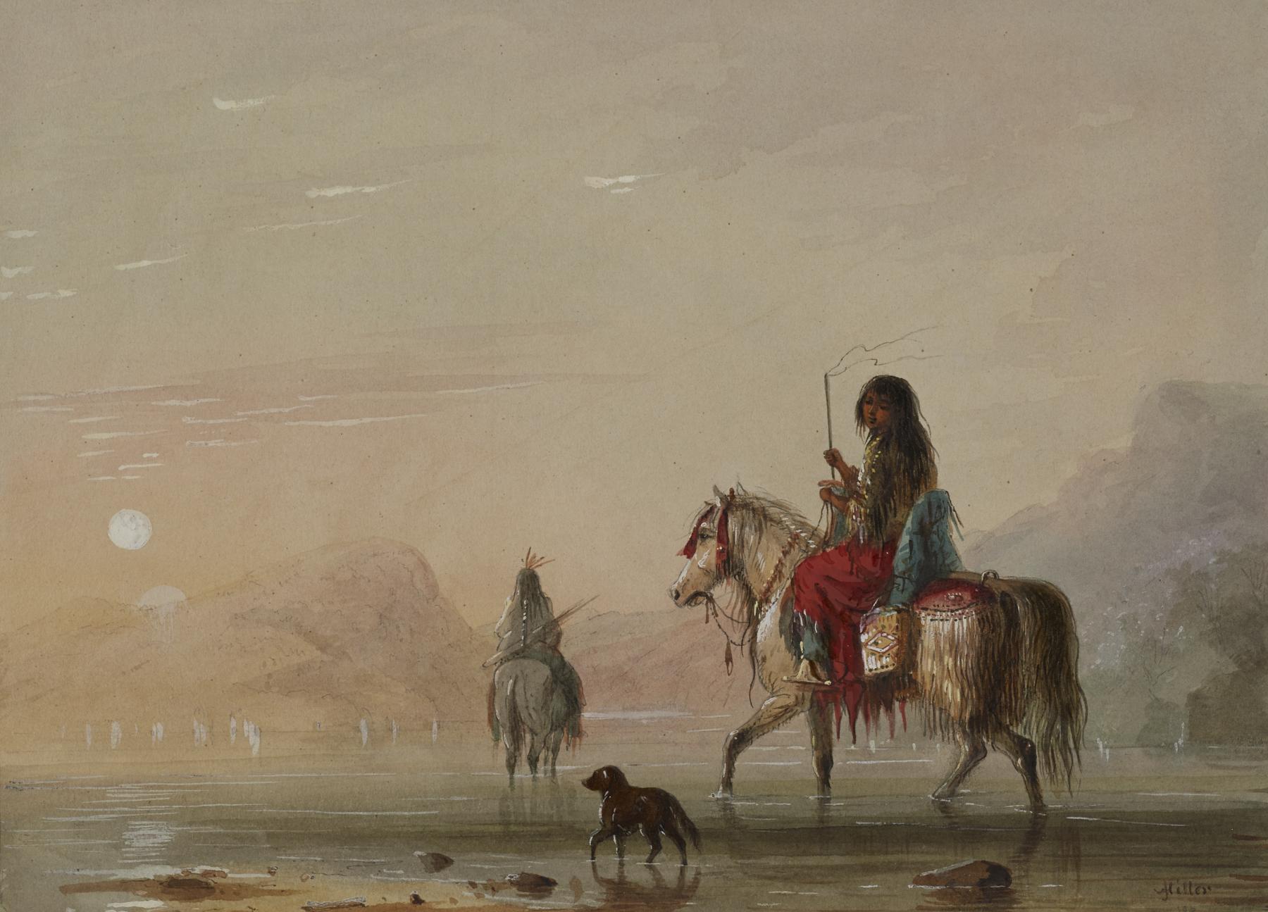 Indian and His Squaw Fording a River