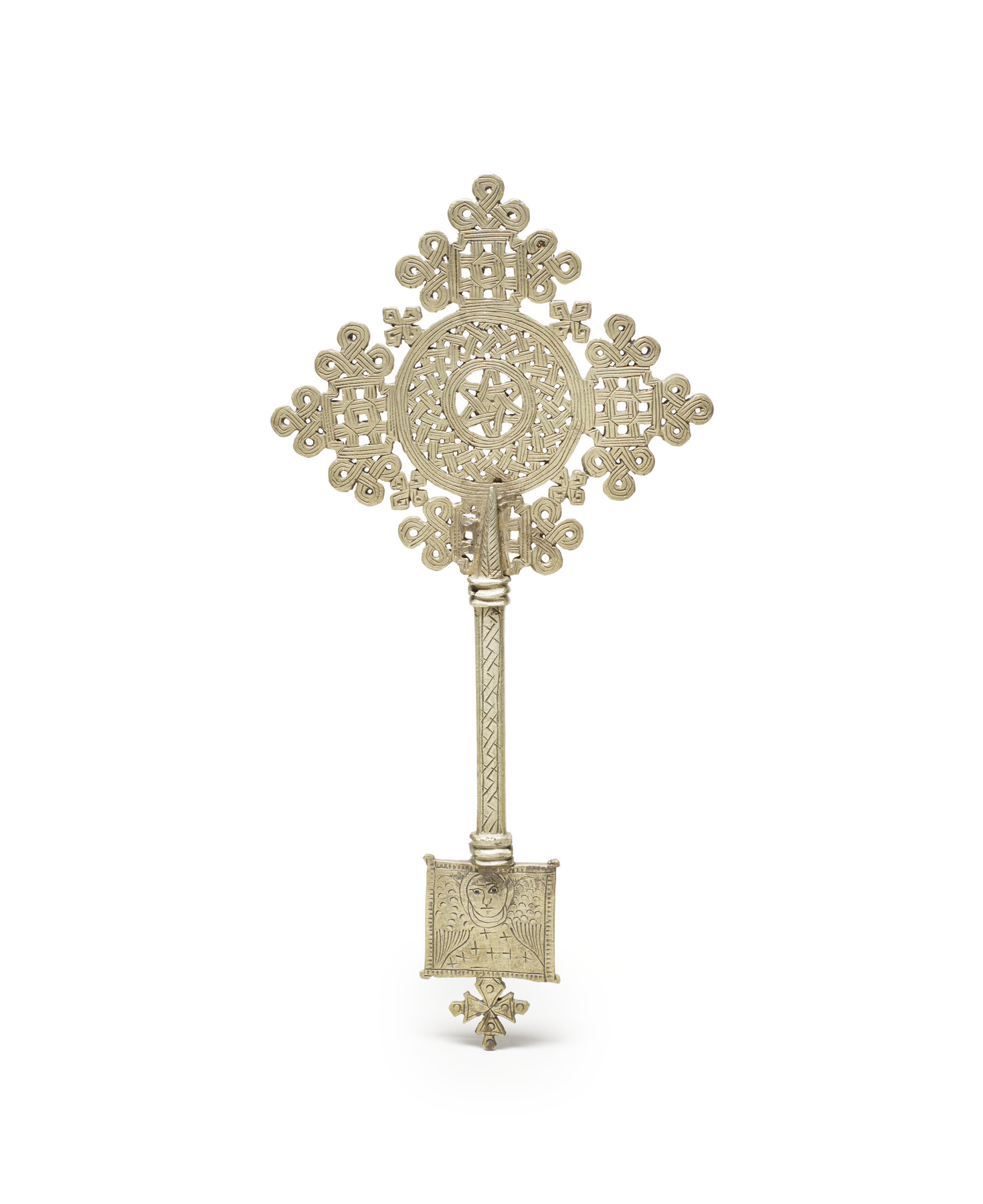 Ethiopian Hand Cross Decorated with the Face of a Saint and Strapwork